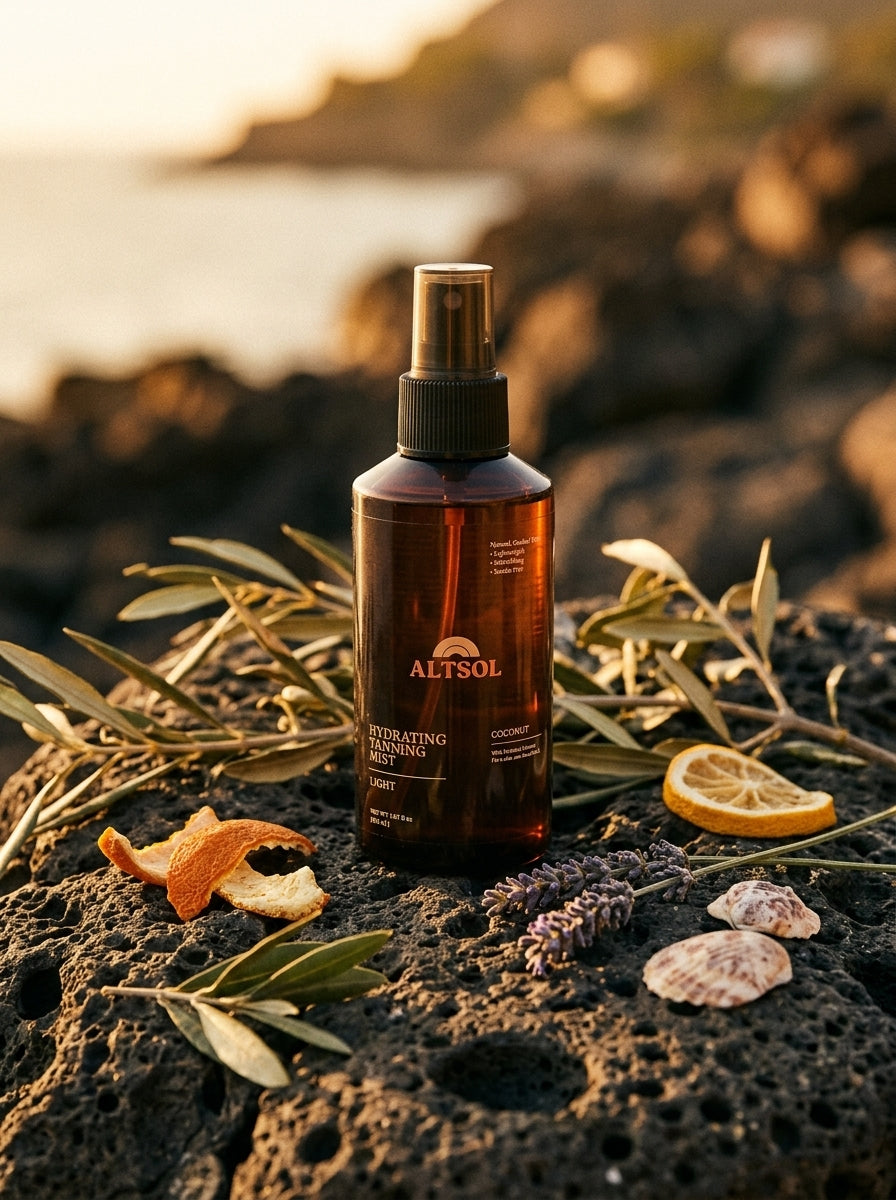 ALTSOL tanning mist bottle on dark volcanic stone with botanical elements
