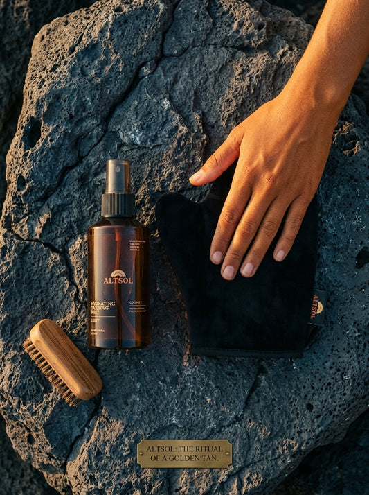 ALTSOL tanning mist bottle and tanning mitt on dark volcanic stone editorial flat lay