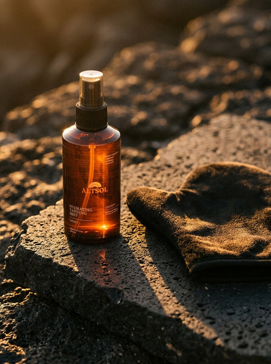 ALTSOL tanning mist and tanning mitt minimal two product composition dark stone