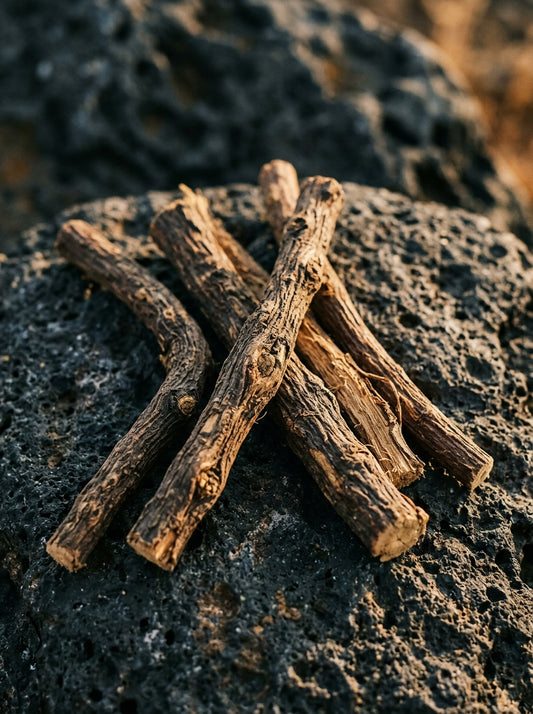 licorice root botanical on dark volcanic stone warm amber light editorial beauty