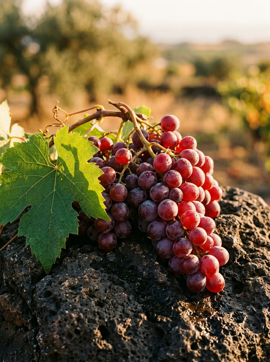 red grape cluster on dark volcanic stone warm golden light Mediterranean editorial