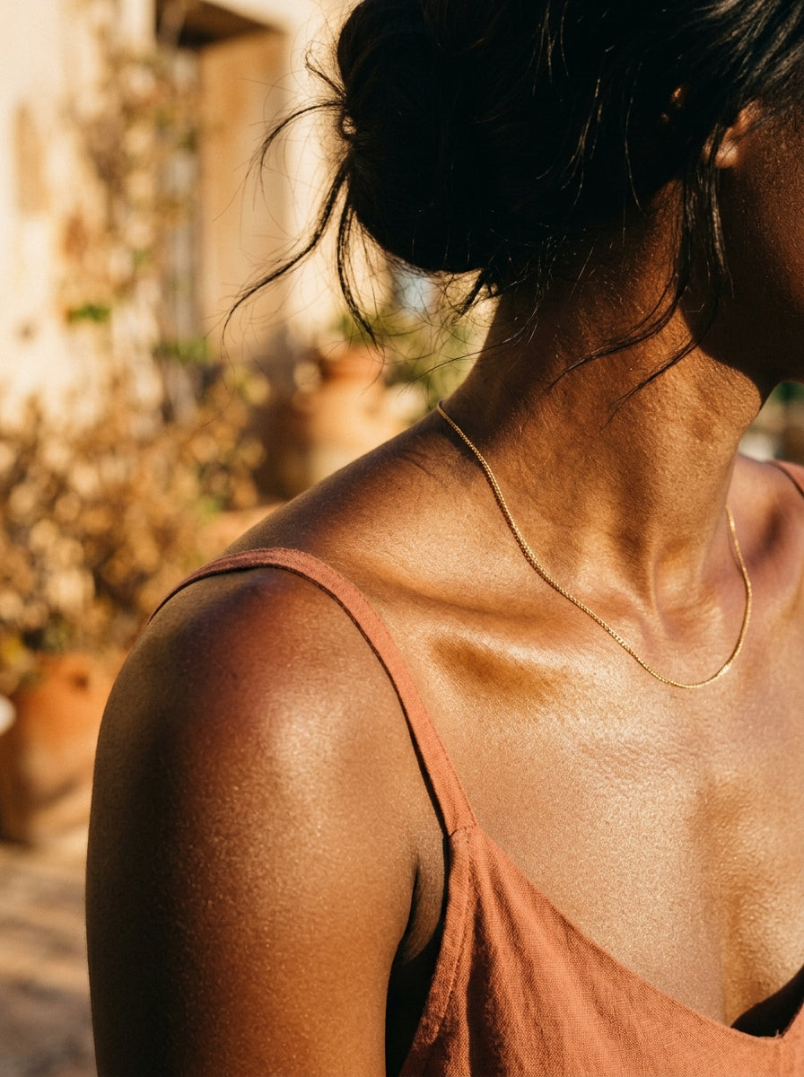 deeper skin tone glowing warm golden afternoon light luminous radiance editorial beauty