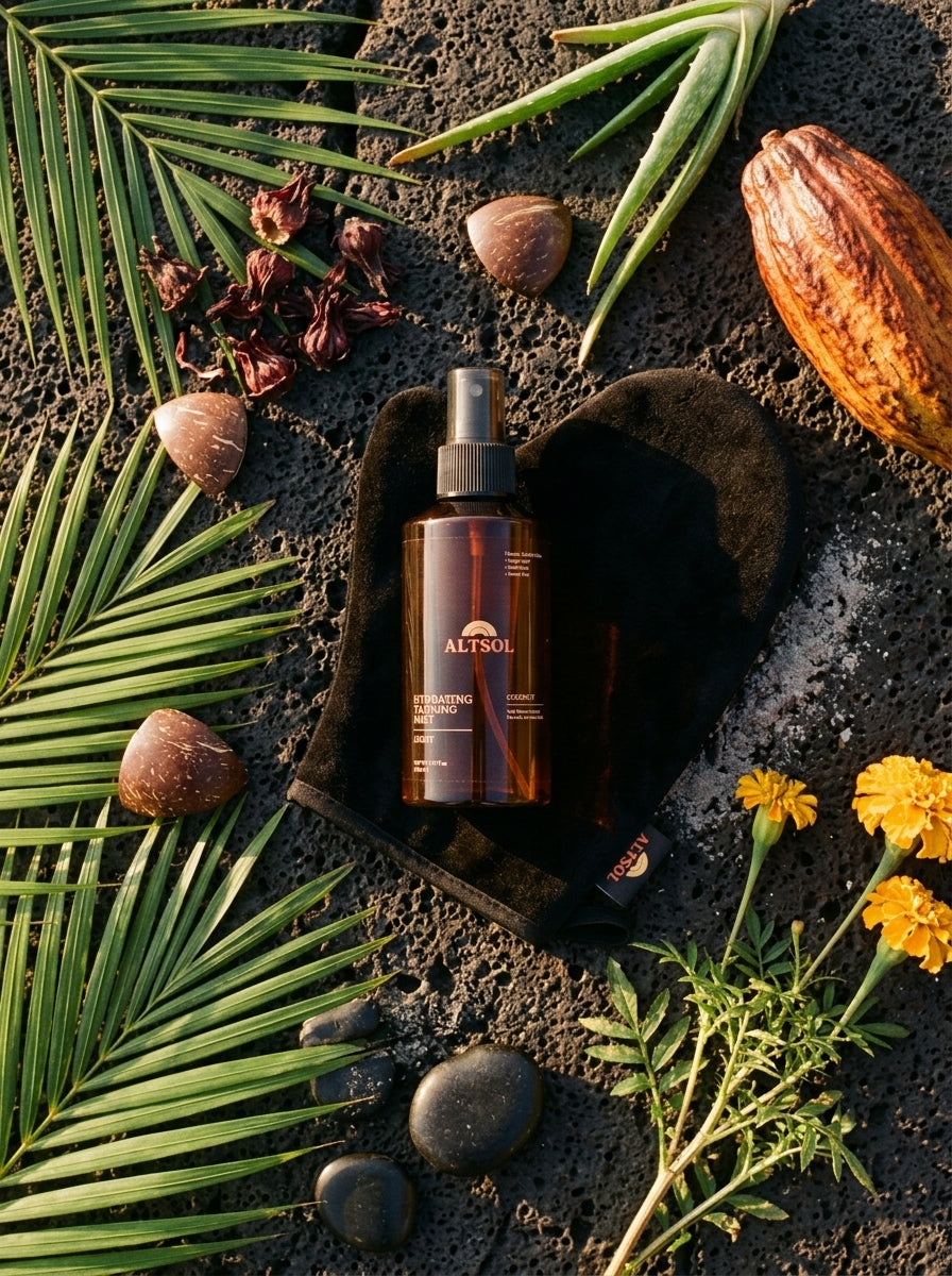 ALTSOL tanning mist and mitt with skincare botanicals dark volcanic stone editorial flat lay