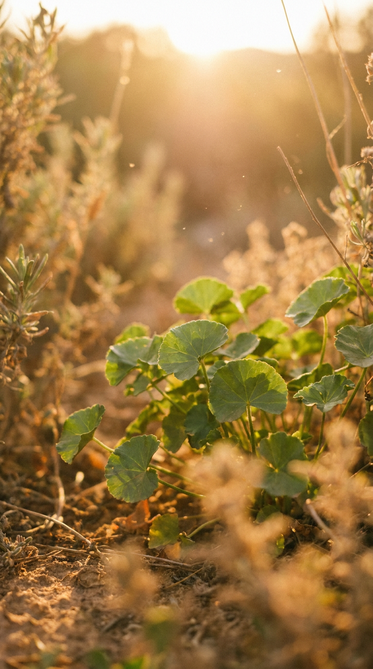 Centella Asiatica botanical leaves warm golden light Mediterranean summer editorial beauty