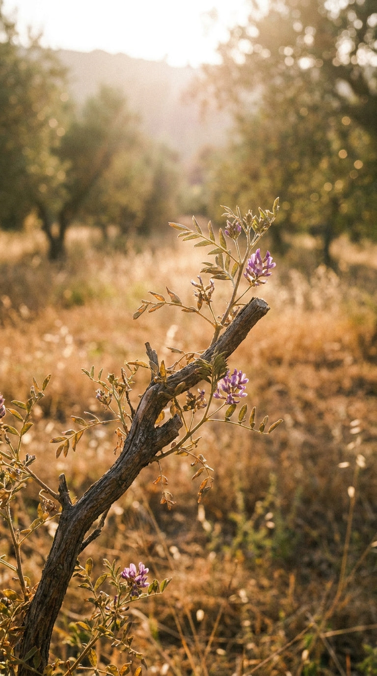 Licorice Root botanical plant warm amber light Mediterranean summer editorial beauty