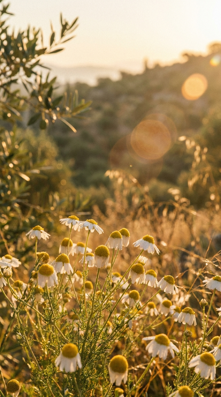 Chamomile flowers warm golden morning light Mediterranean summer editorial beauty