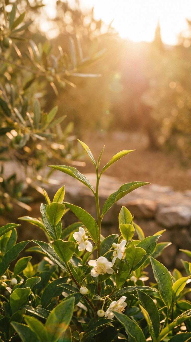 Green Tea leaves fresh botanical warm golden light Mediterranean summer editorial beauty