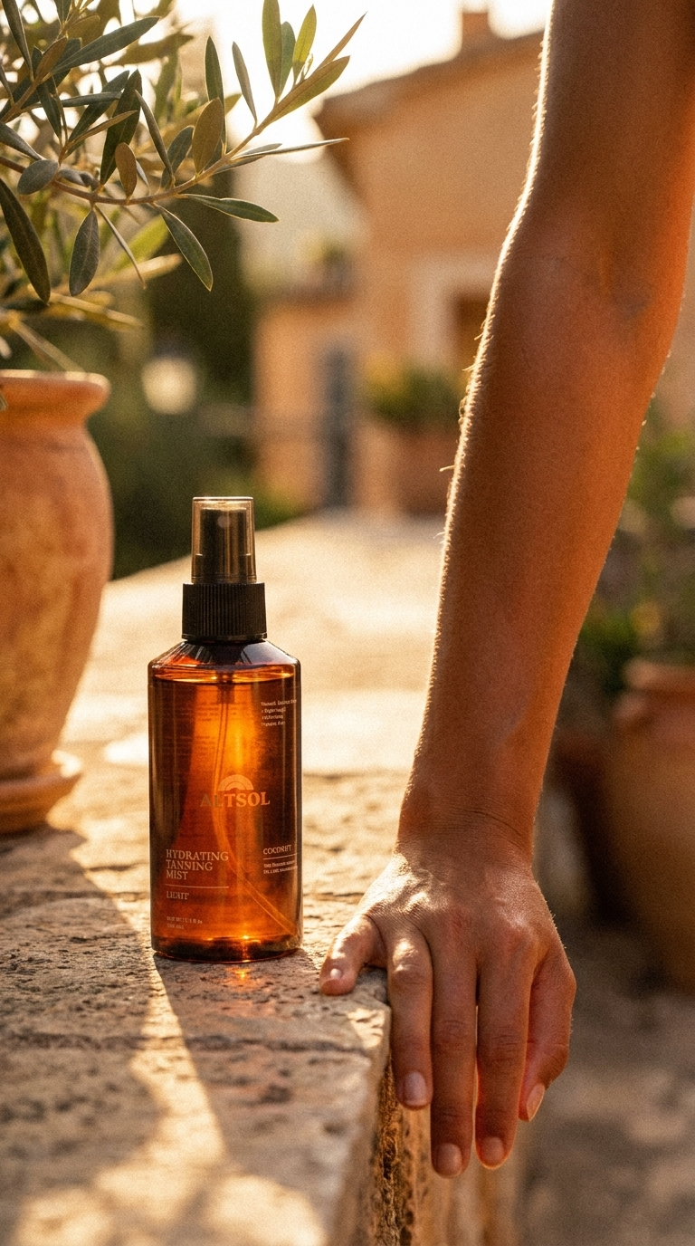 ALTSOL Hydrating Tanning Mist bottle beside warm glowing tanned feminine arm golden light