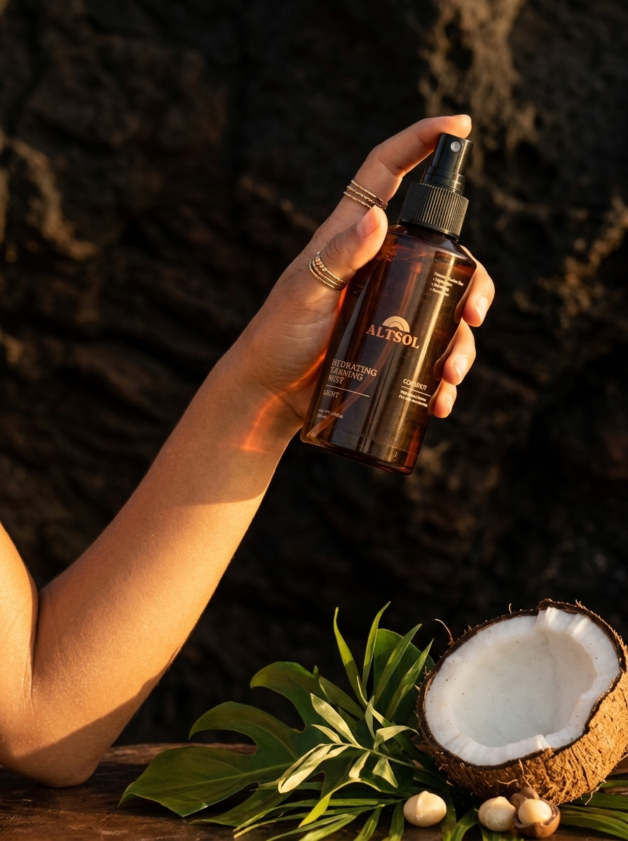 ALTSOL Hydrating Tanning Mist lifestyle portrait woman glowing arm holding bottle warm light