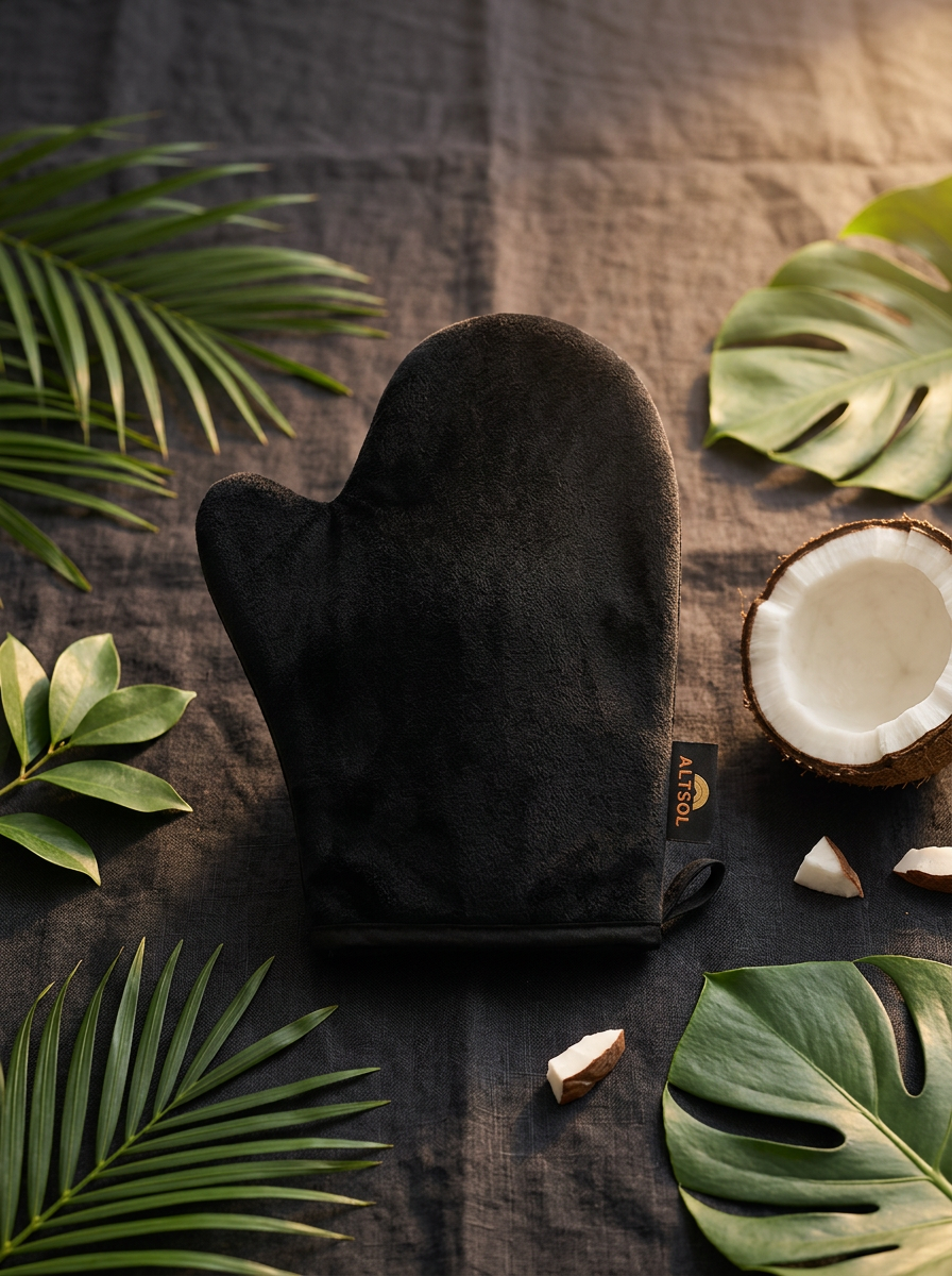 ALTSOL Tanning Mitt portrait product shot dark linen golden light botanicals