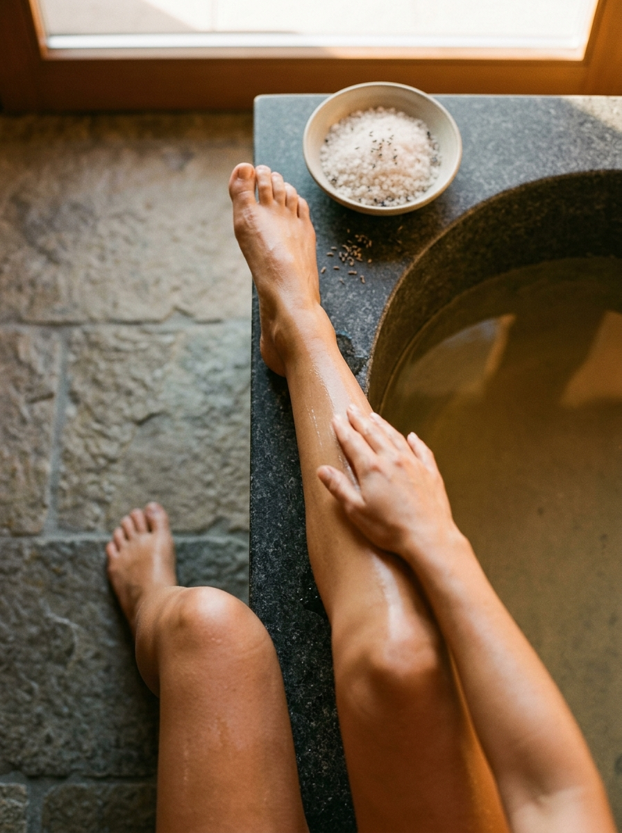 ALTSOL homepage ritual prepare exfoliate legs bath edge sea salt warm amber light editorial