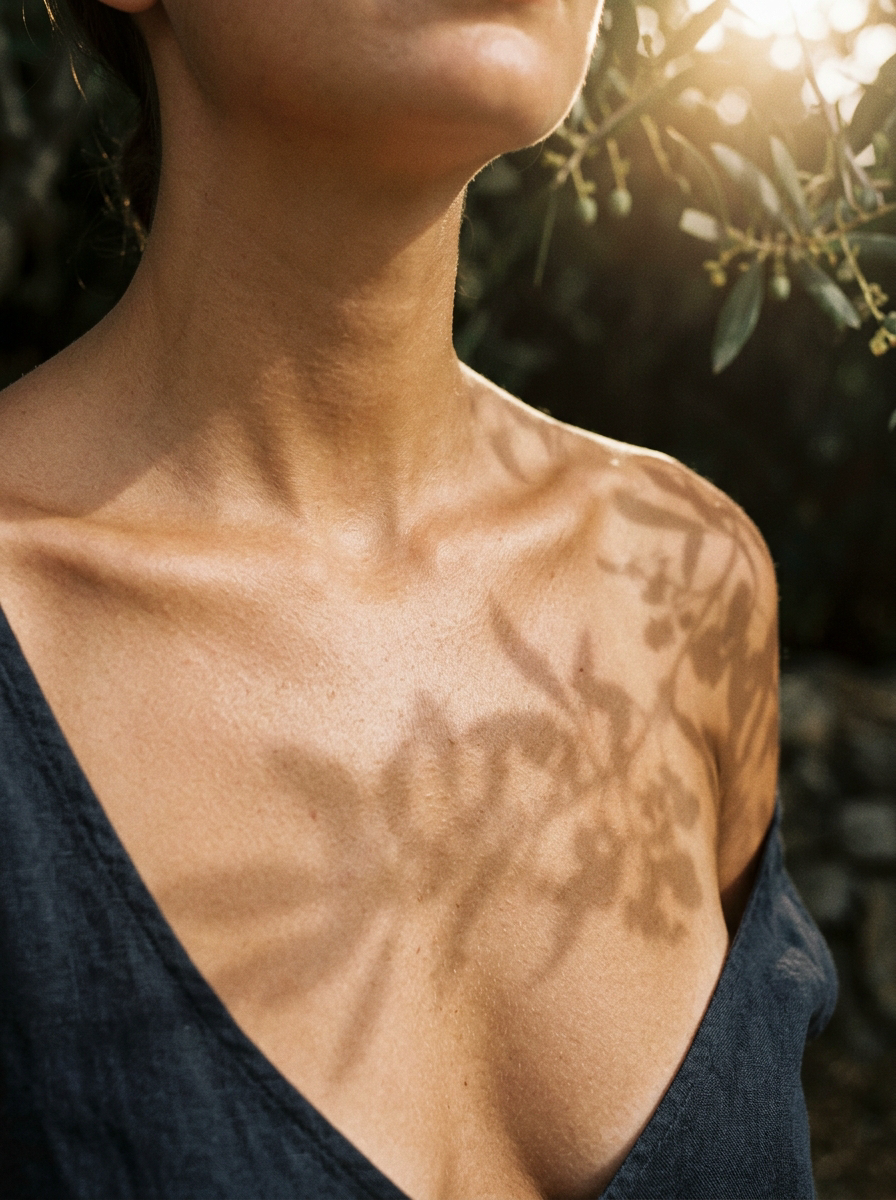ALTSOL skin that earns its glow collarbone upper chest warm tan botanical shadows editorial
