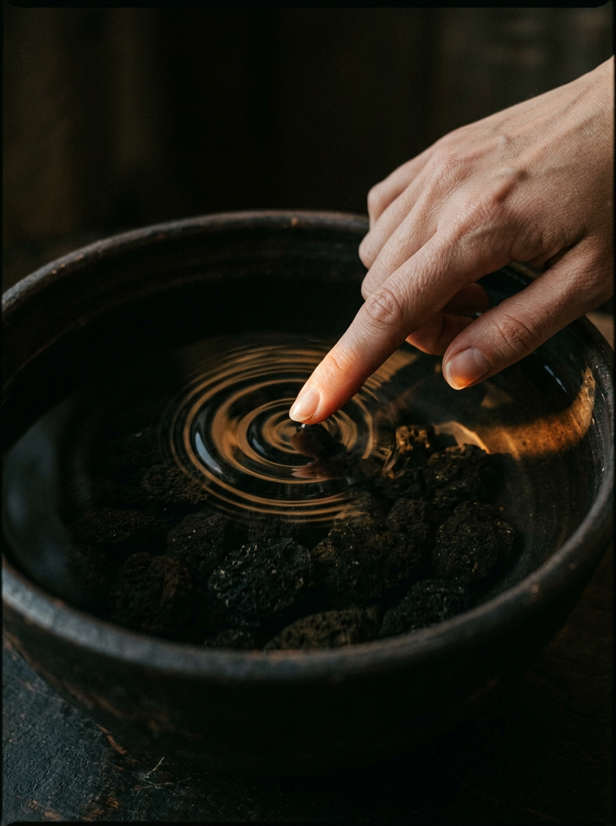 ALTSOL formula page hero fingertip water ceramic bowl amber light dark volcanic stone editorial