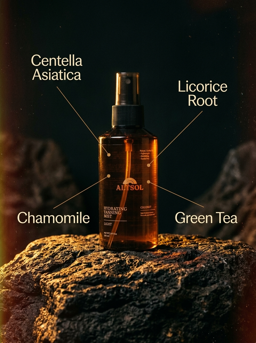 ALTSOL formula ingredient callout Centella Asiatica Licorice Root Chamomile Green Tea dark editorial