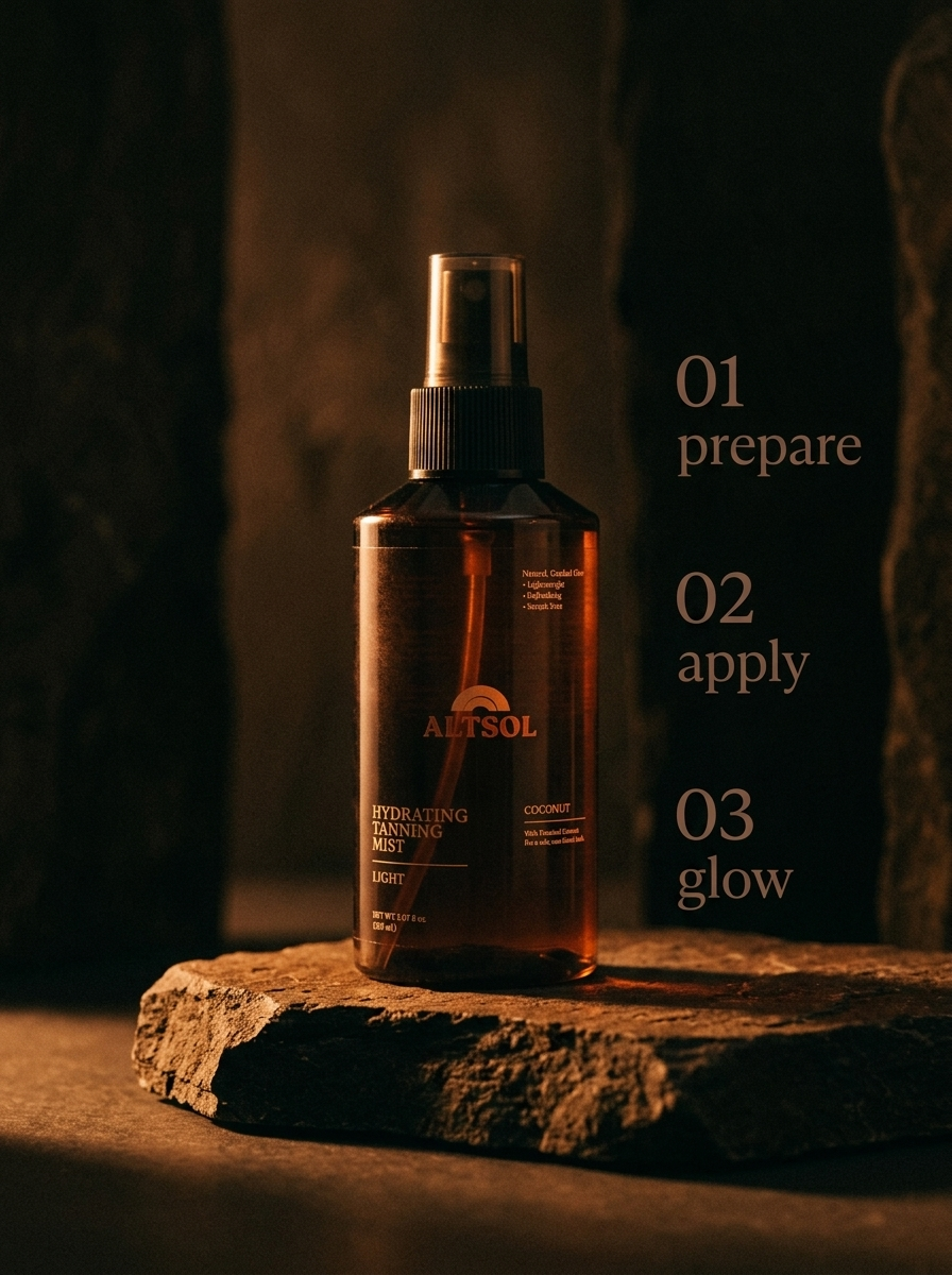 ALTSOL how to use 01 prepare 02 apply 03 glow numbered steps dark editorial