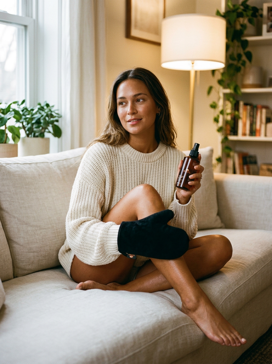 ALTSOL Bundle woman linen sofa bronzed skin mist and mitt lifestyle editorial
