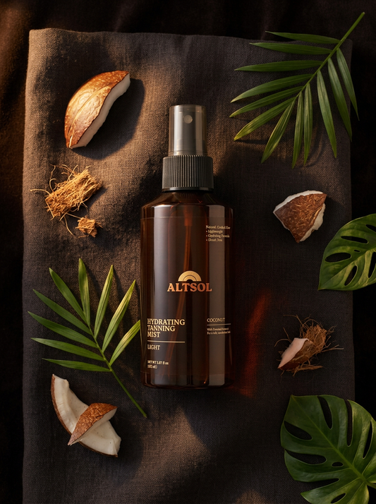 Brown bottle with spray nozzle labeled 'Altsol' on a dark surface with coconut pieces and leaves.