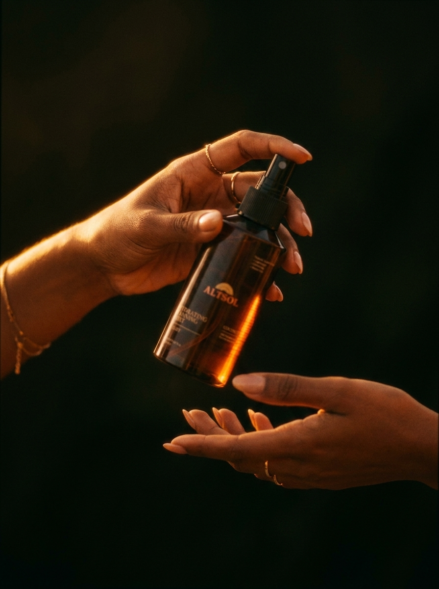 ALTSOL Ritual for Two tanning mist bottle passed between hands bronzed skin warm light editorial