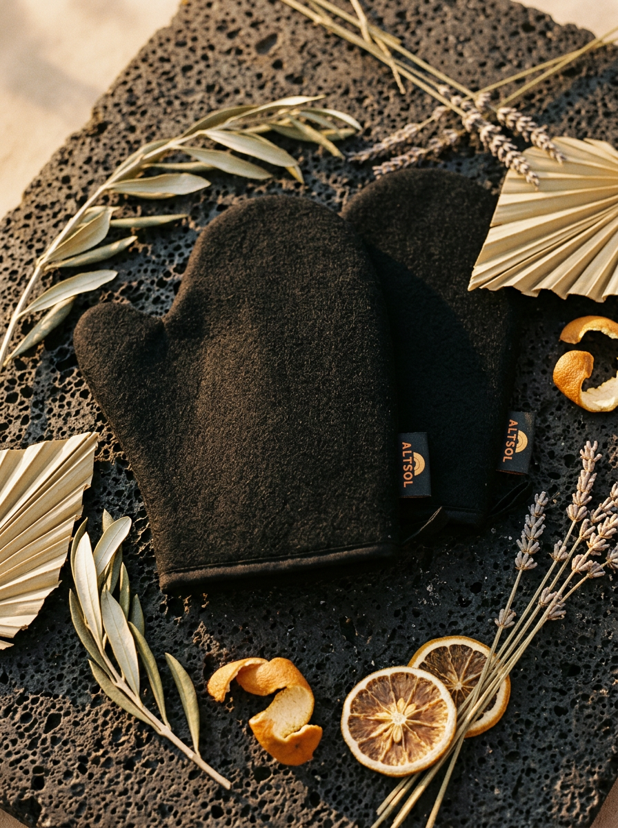 ALTSOL Ritual for Two two tanning mitts dark volcanic stone warm golden light editorial