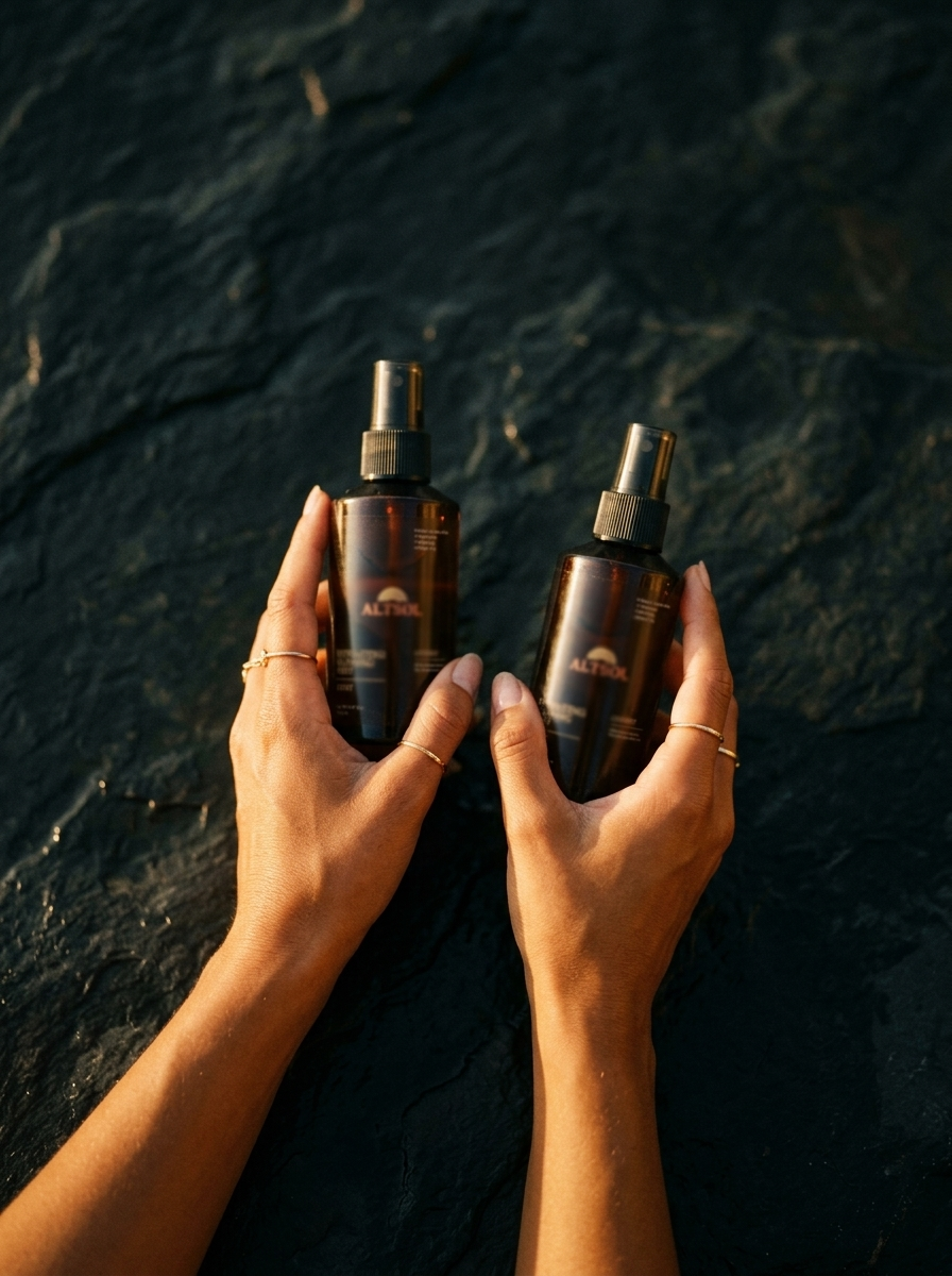 ALTSOL Ritual for Two two hands holding tanning mist bottles Mediterranean light editorial lifestyle